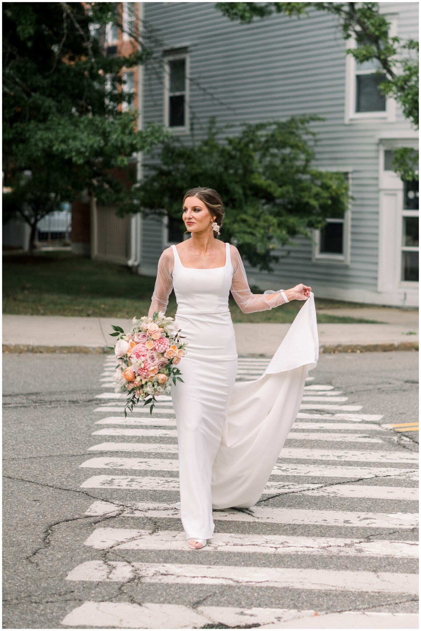 Bride walks in downtown Portsmouth NH.