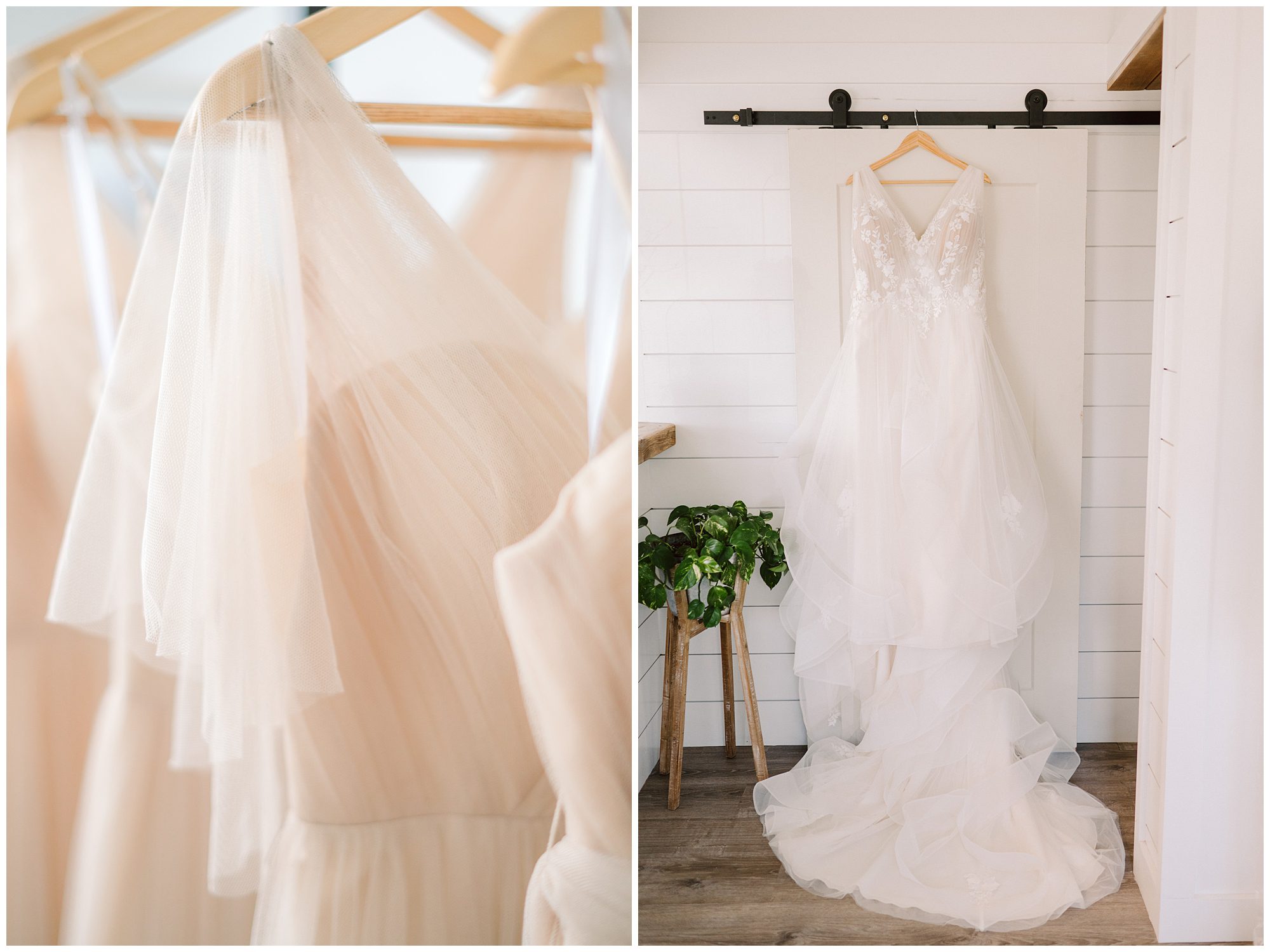 Wedding gown and bridesmaid dresses hanging in the salon at Viewpoint Hotel.