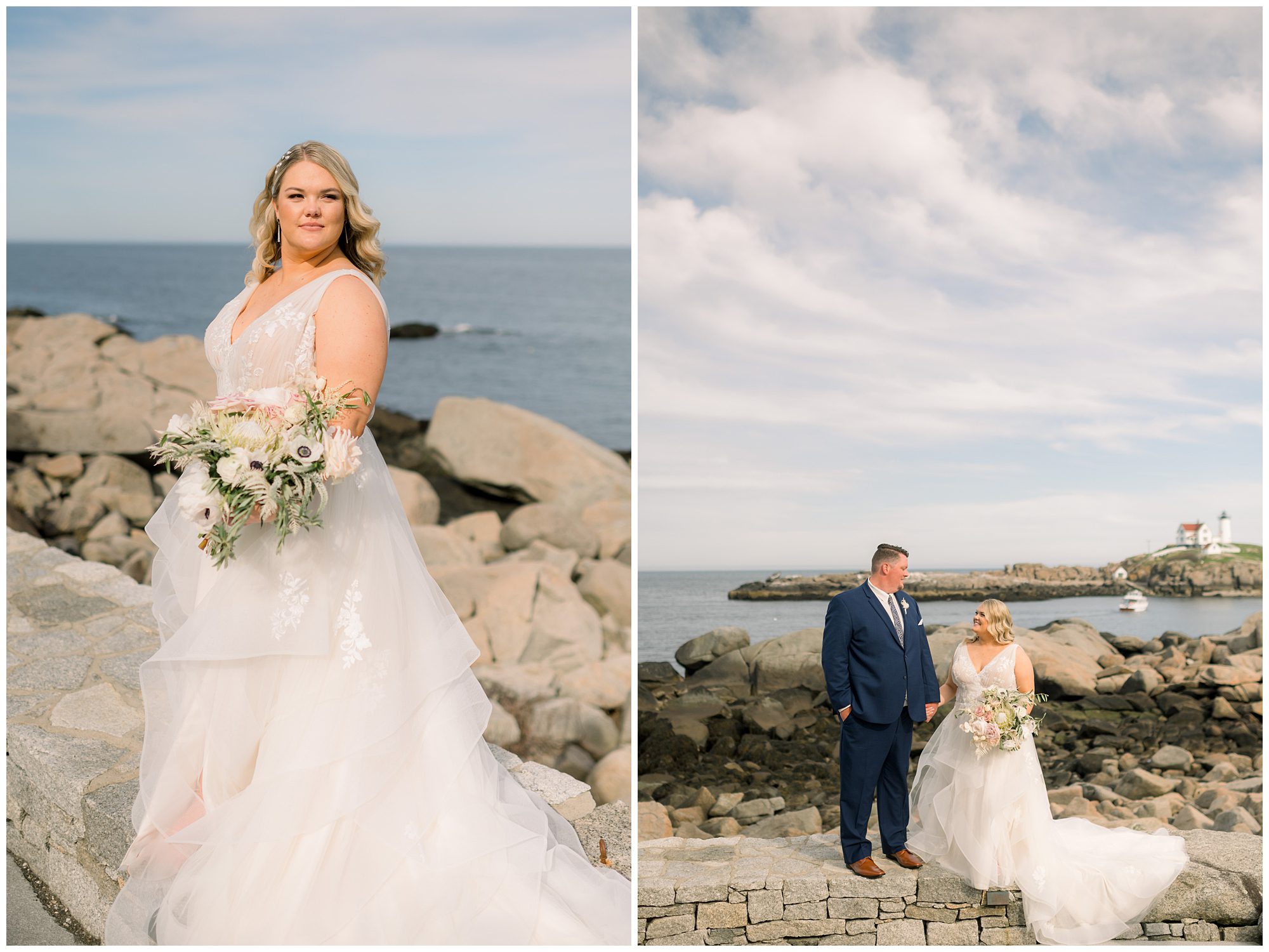 Bride stands on the granite wall overlooking Nubble Lighthouse in York Maine.