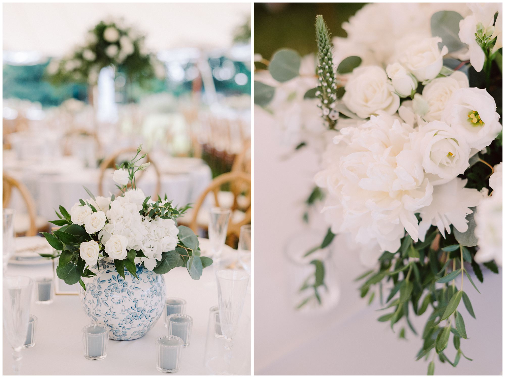 cream flower centerpieces with greenery