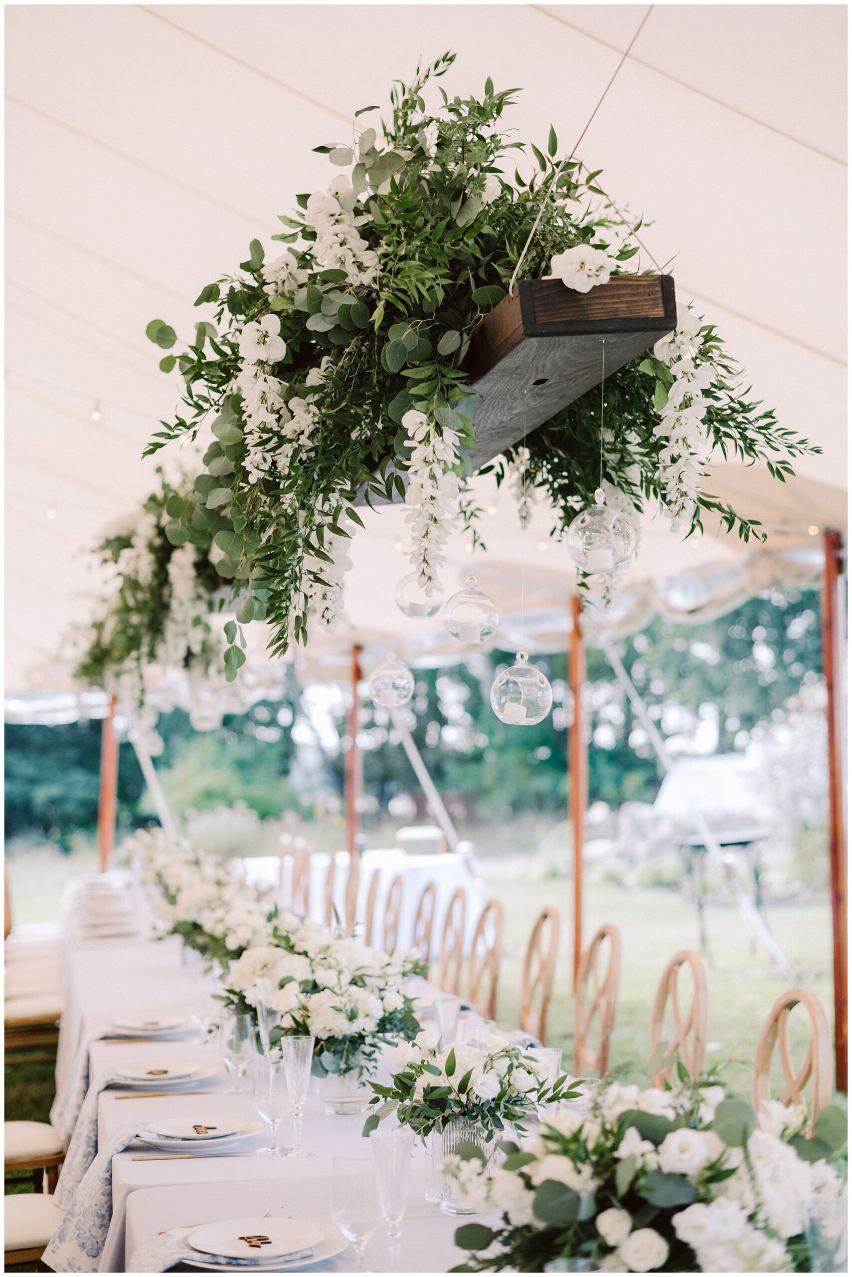 Scotland filed wedding design. Dusty blue, cream and greenery reception decor