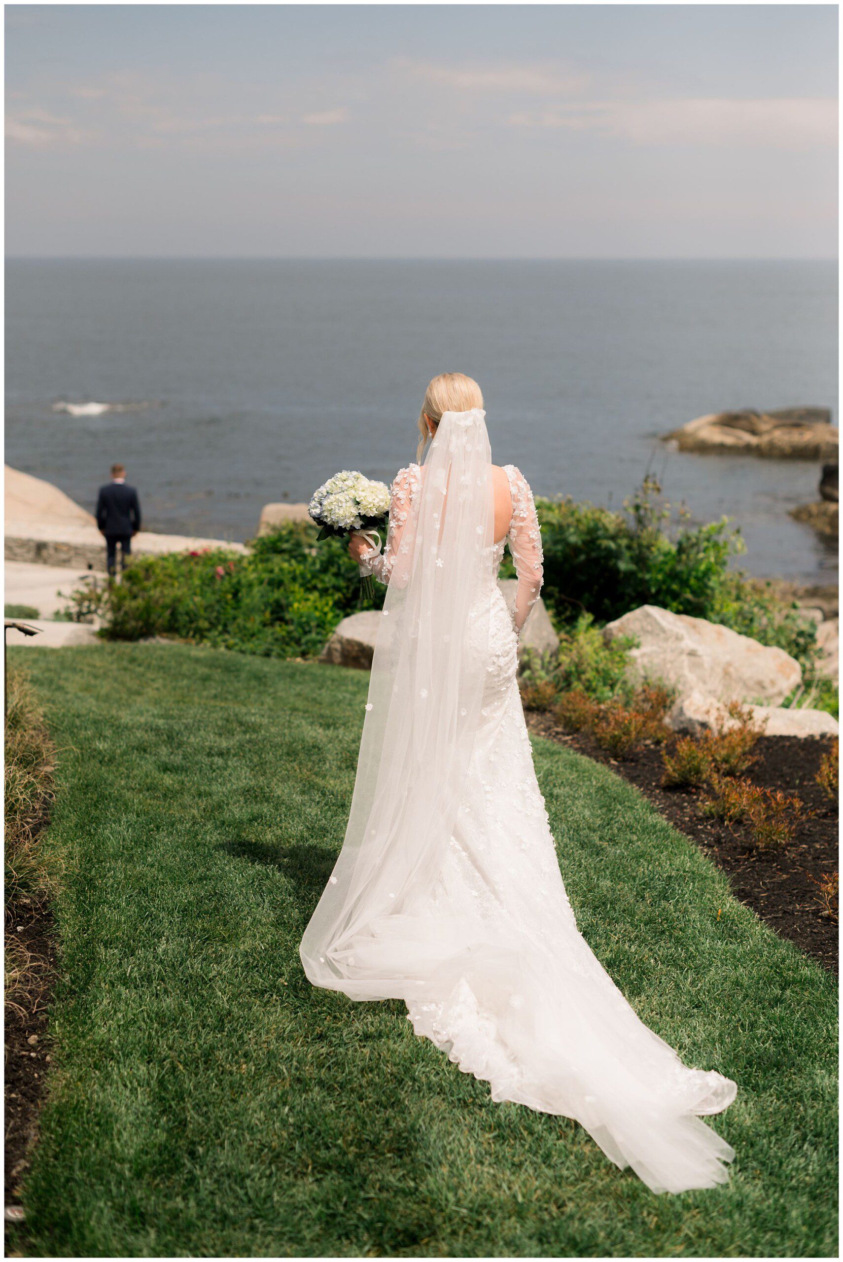 Bride walking to the seas for first look at Viewpoint Hotel in York Maine