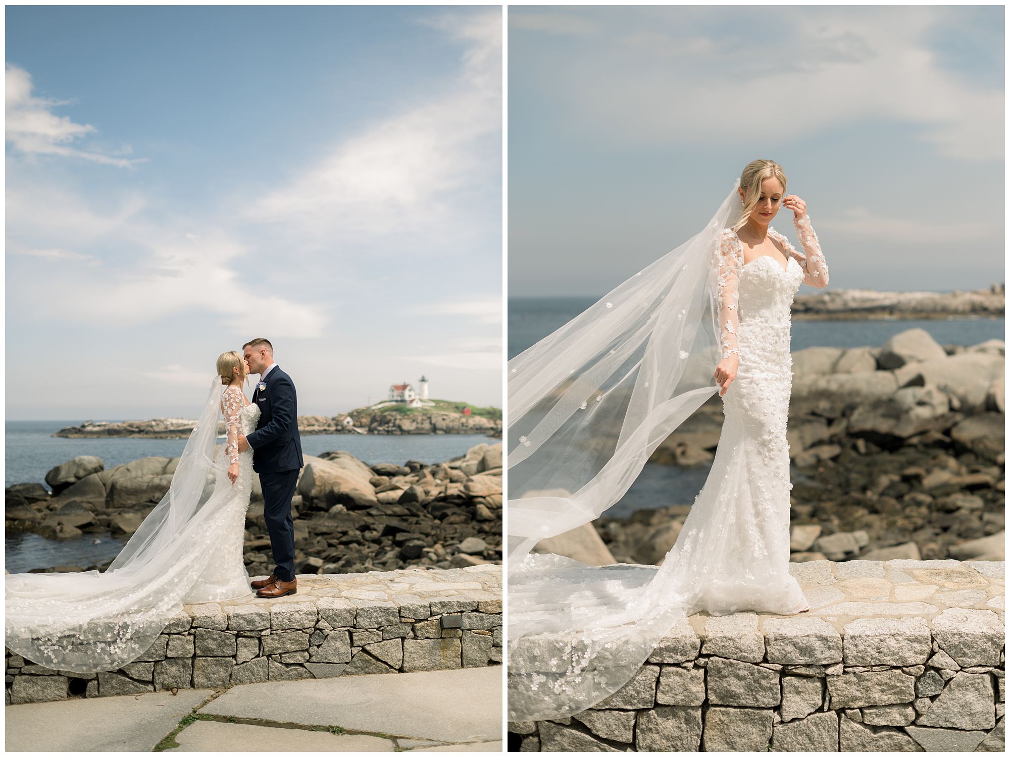 Bride & Groom wedding day photos overlooking Nubble Light at Viewpoint Hotel in York Maine