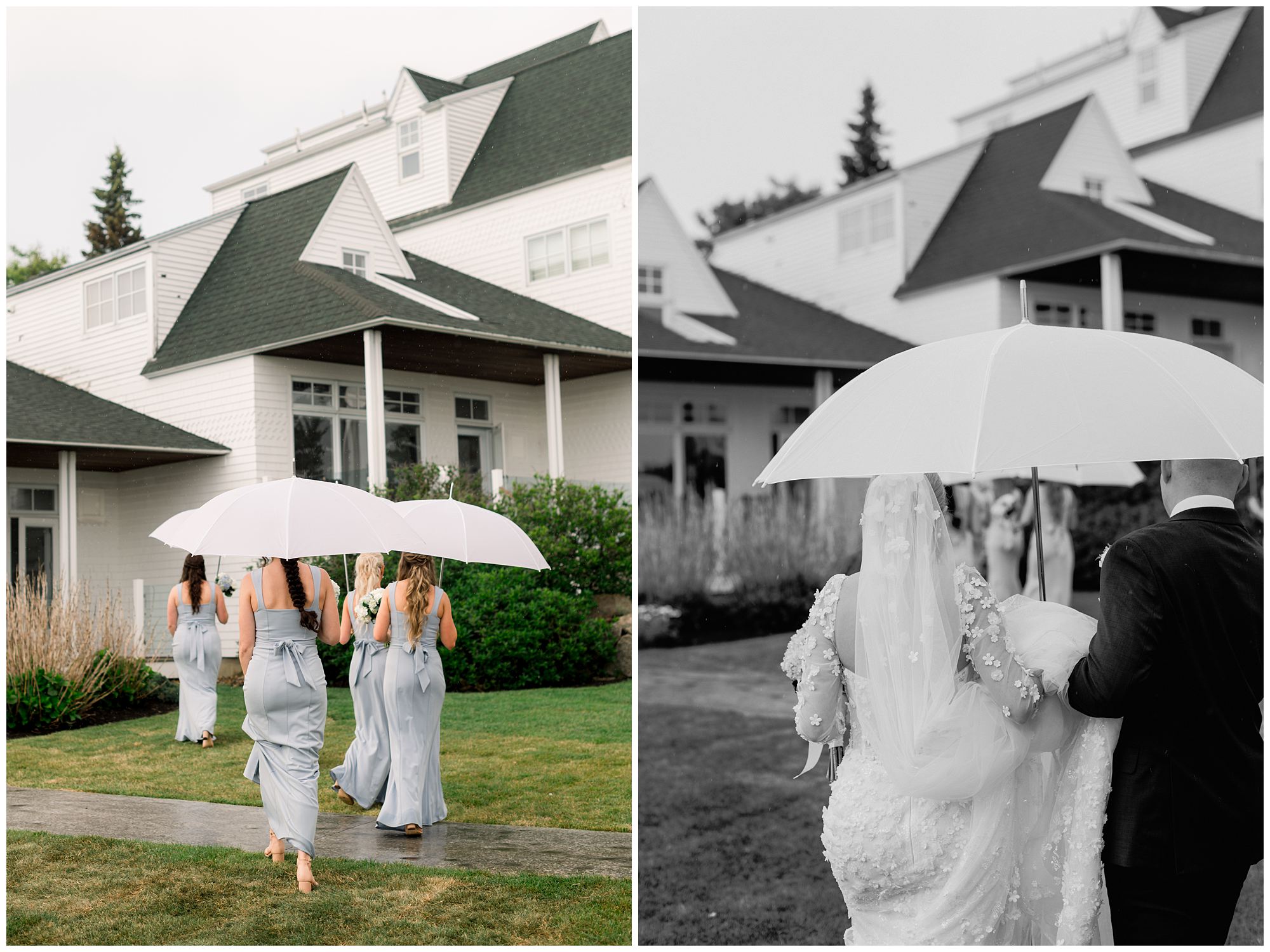 rainy day wedding candids at Viewpoint hotel in York Maine. Wedding Party walking with umbrellas.