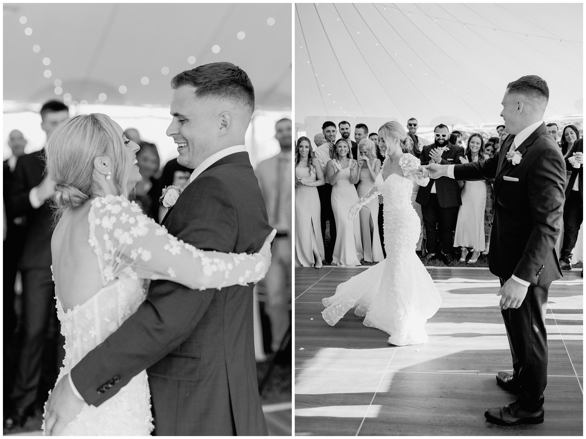 First dance photos under the tent at Viewpoint Hotel wedding reception in York Maine