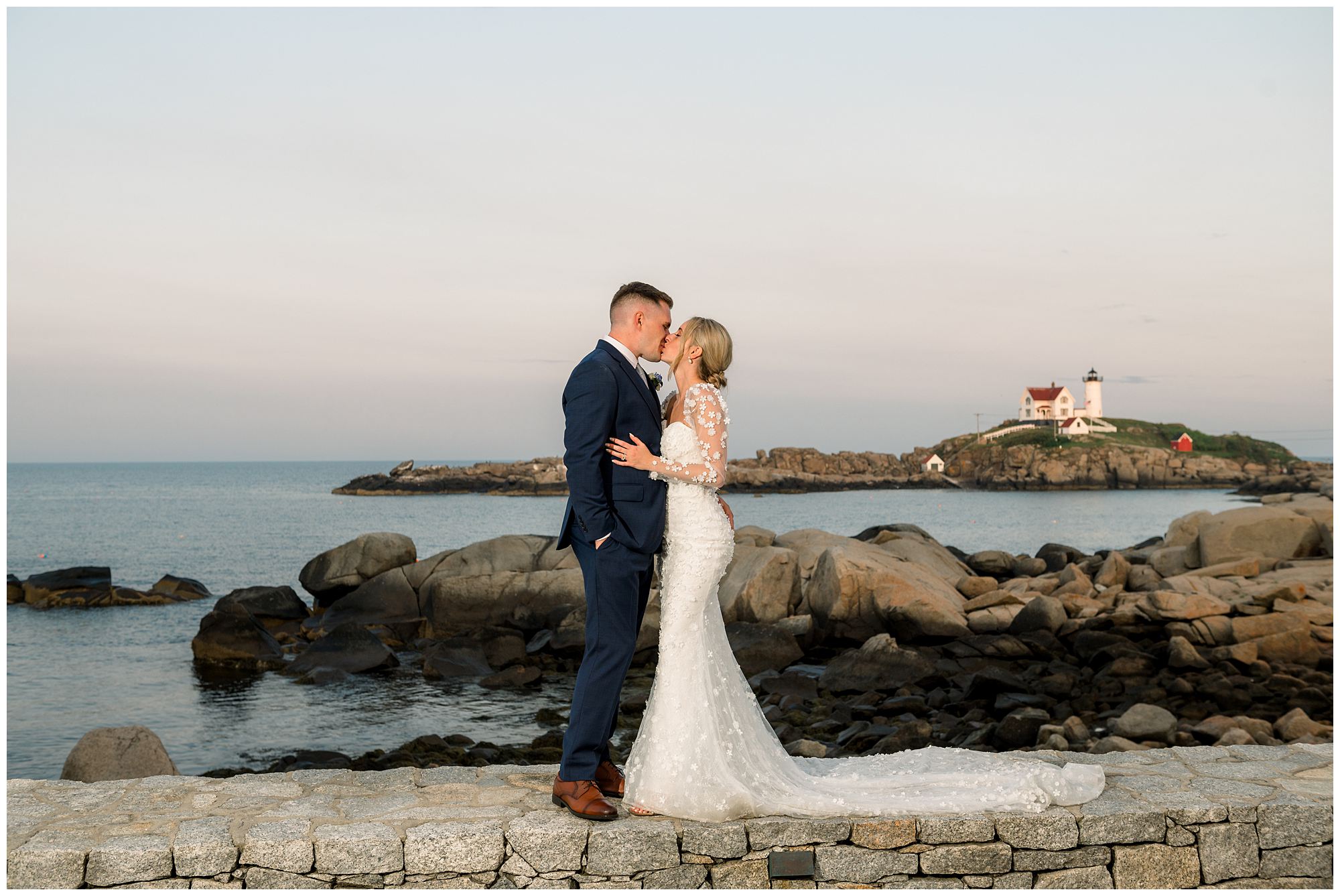 Sunset photo of bride & groom overlooking Nubble Light in York Maine at Viewpoint Hotel