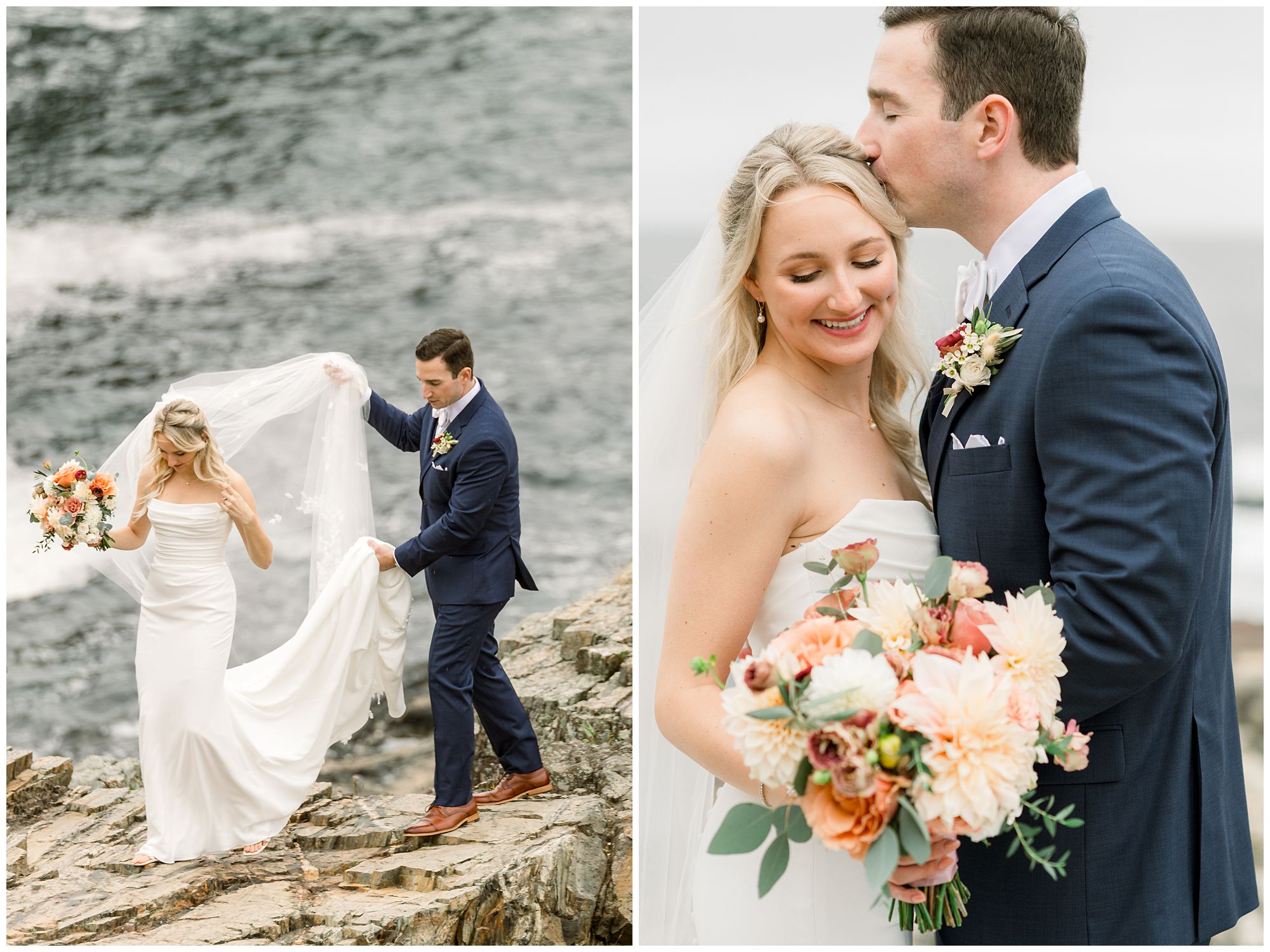 Bride & Groom photos out on the cliffs at Cliff House in Cape Neddick Maine