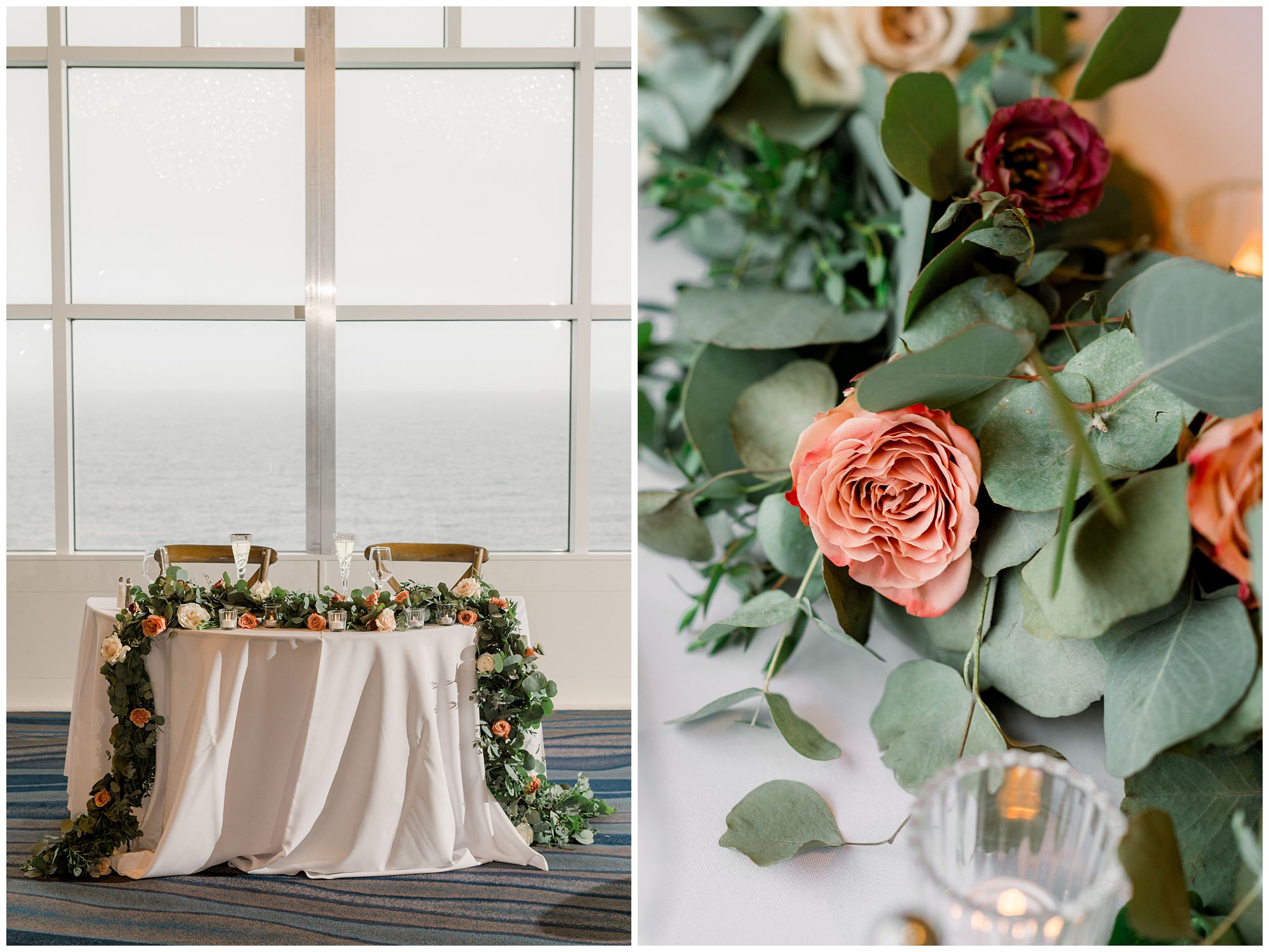 Cliff House Wedding reception florals and details.