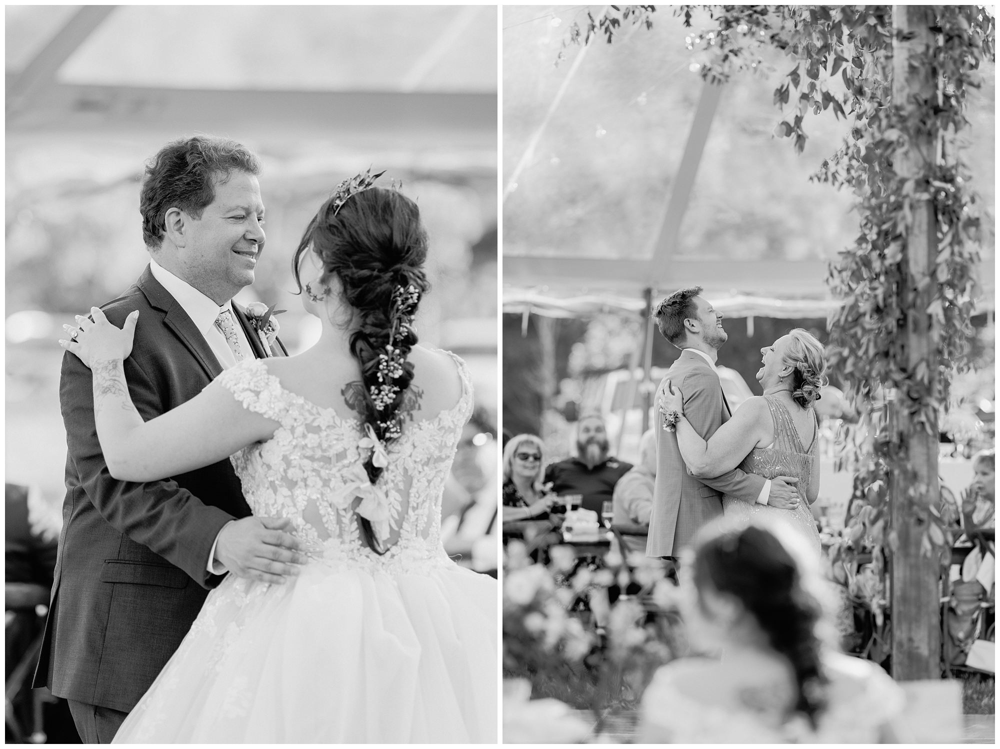 Parent dance photos under clear wedding tent at Hamilton House wedding in South Berwick Maine