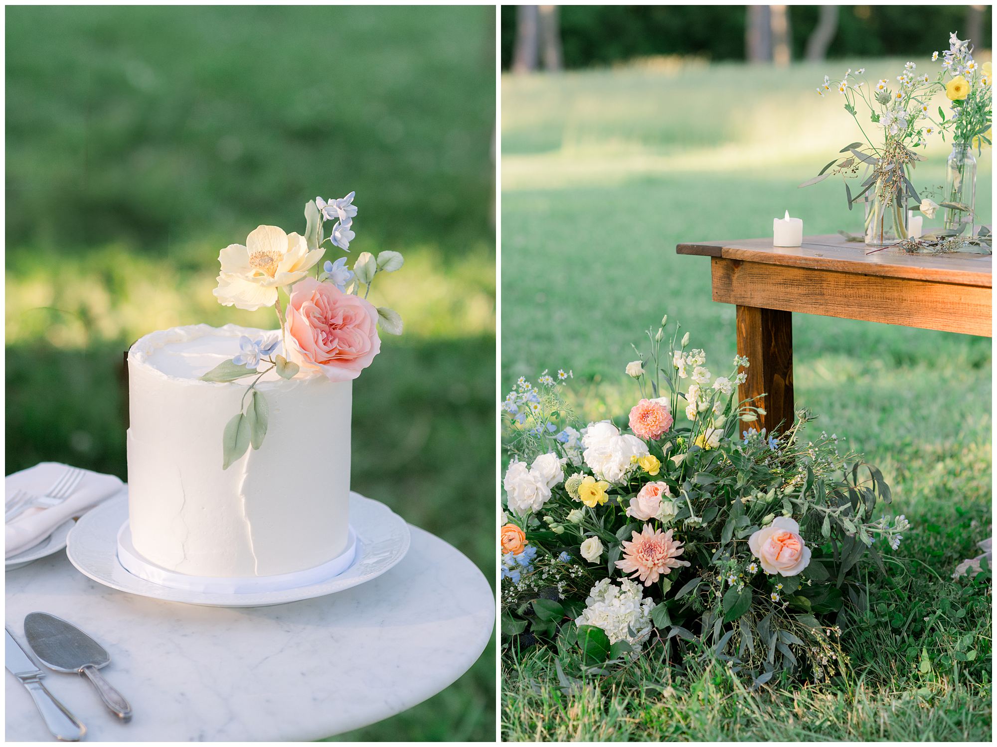 Garden inspired reception details at Hamilton House in South Berwick Maine, Wedding cake with intricate sugar flowers