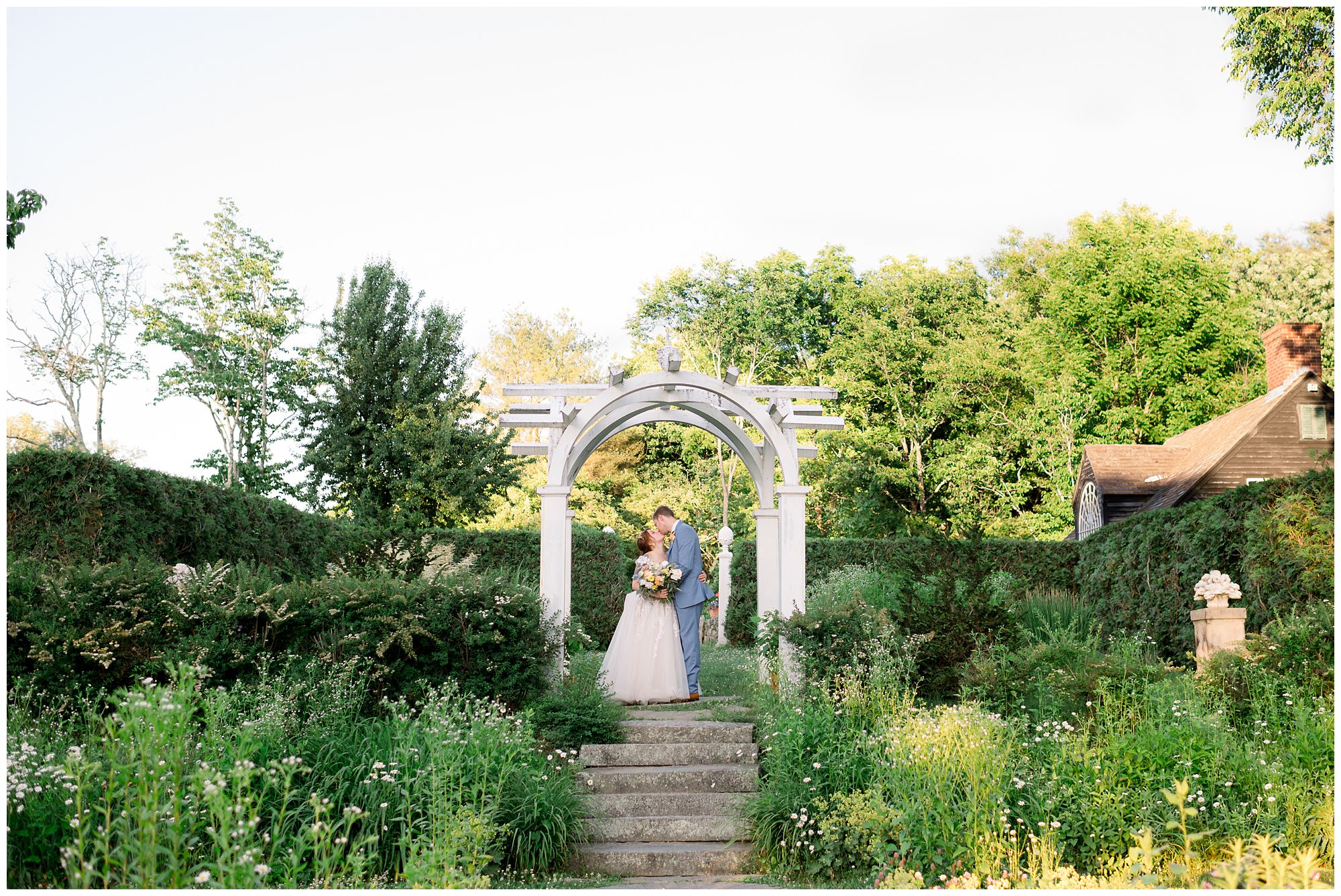 Bride & Groom photos around the property at Hamilton House. Garden inspired wedding in South Berwick Maine.