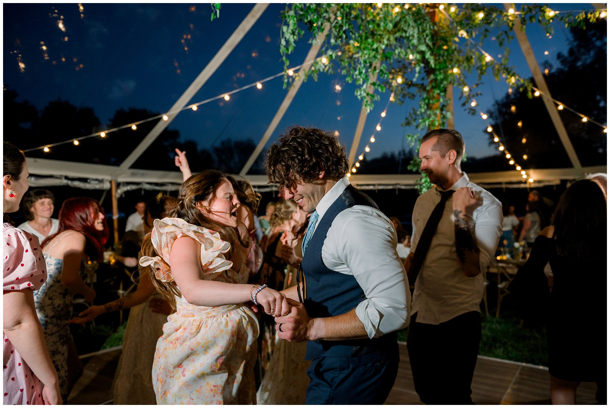 Wedding reception dancing photos under clear tent at Hamilton House in South Berwick Maine