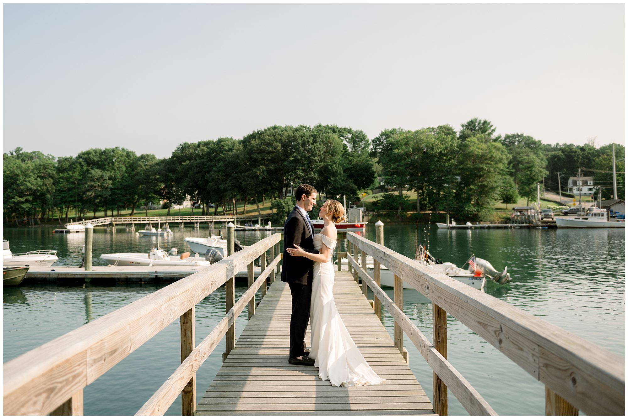 Just married photos of Bride & Groom at York Golf & Tennis Club's riverfront dock