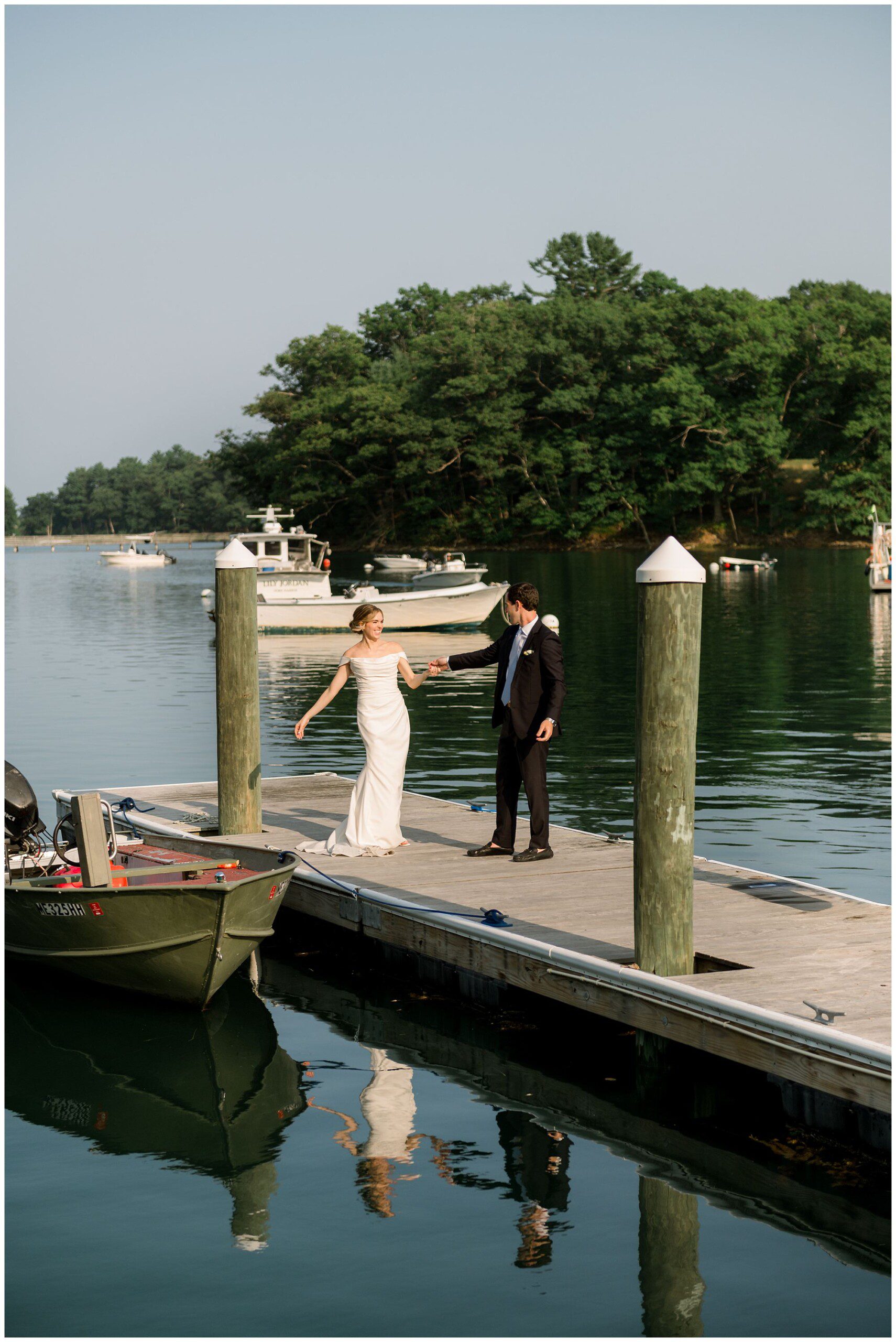 Just married photos of Bride & Groom at York Golf & Tennis Club's riverfront dock