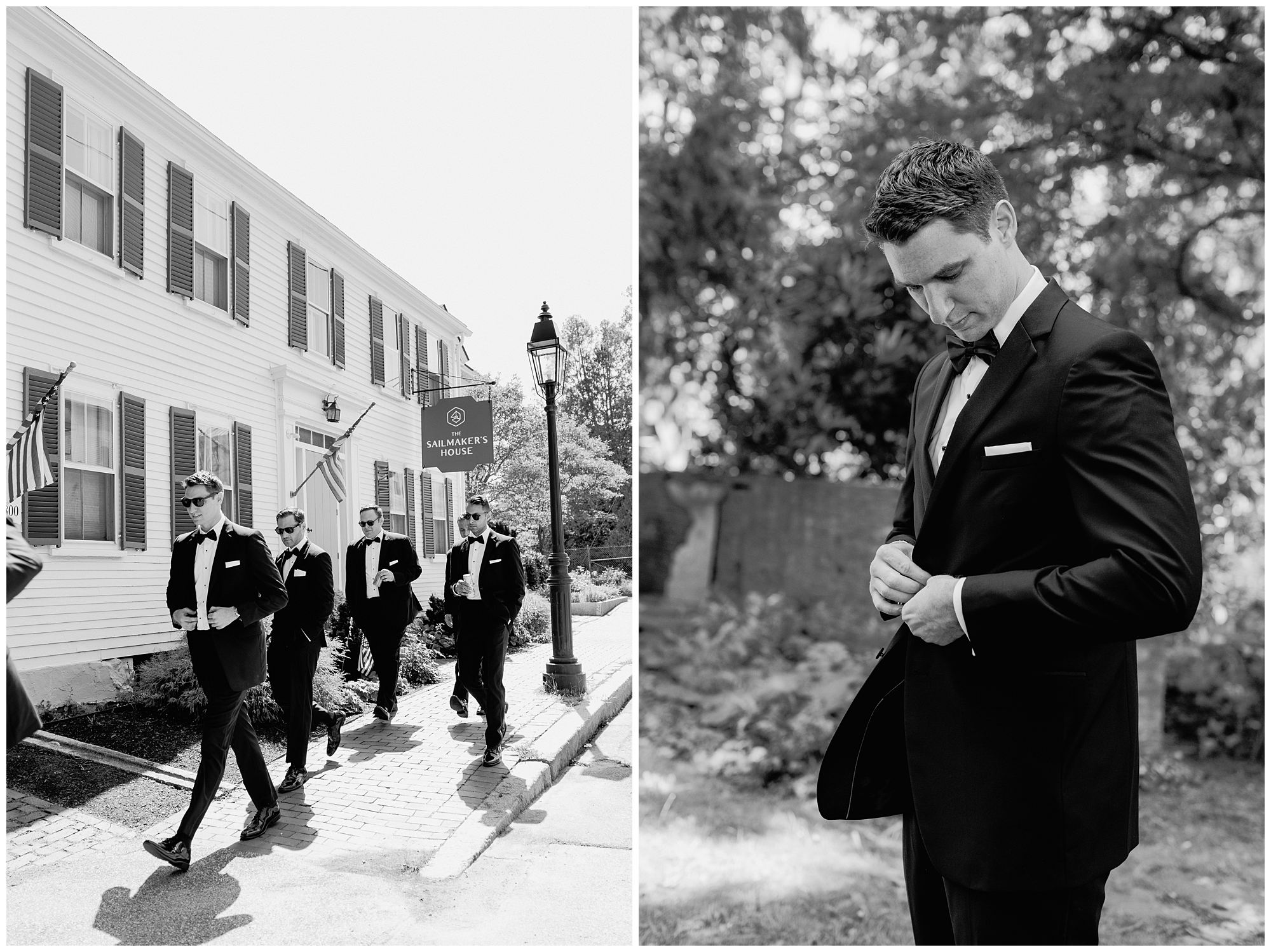 Groom getting ready in Portsmouth NH for Langdon House wedding