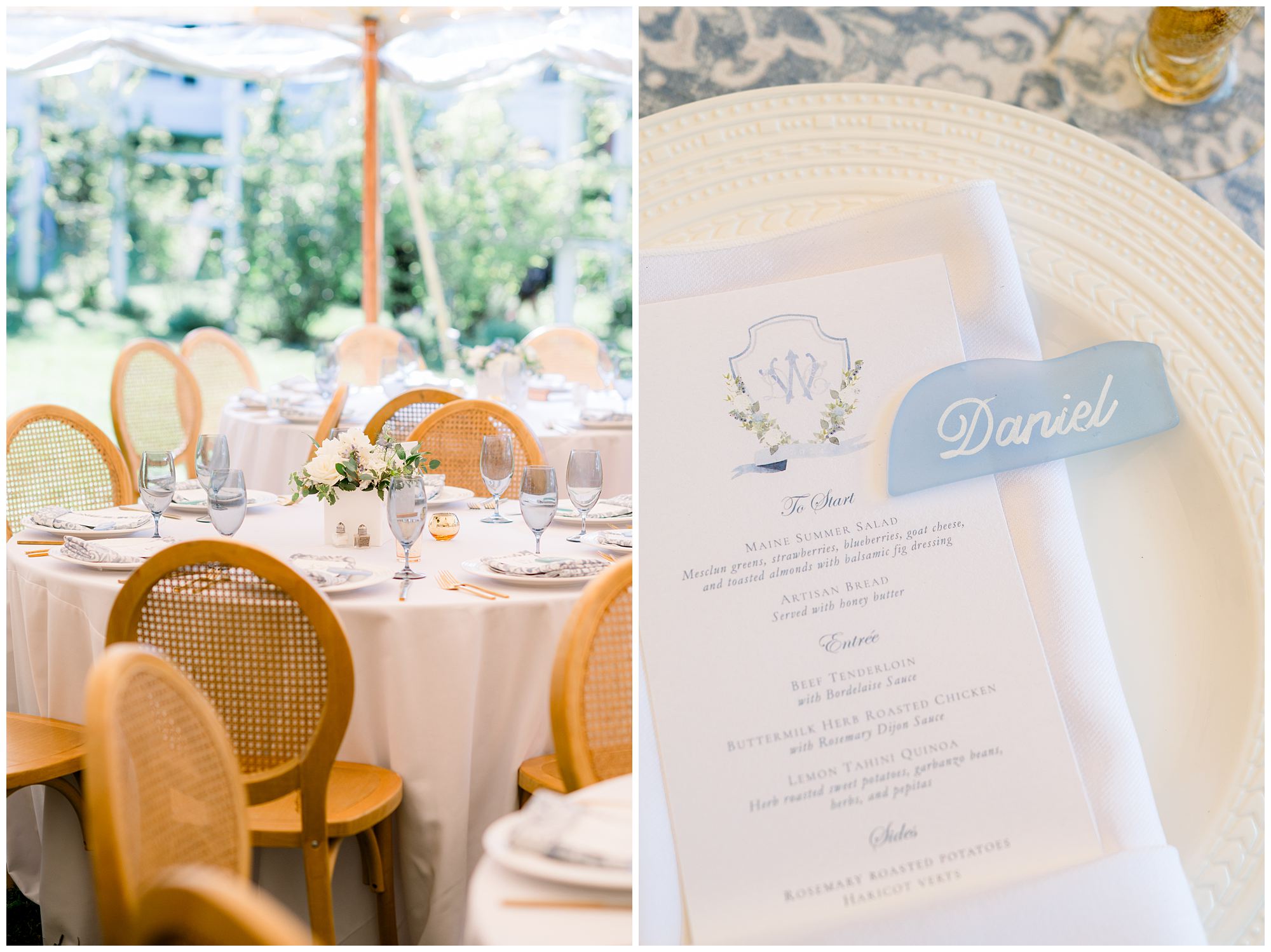 Reception Details under tent at Langdon House wedding