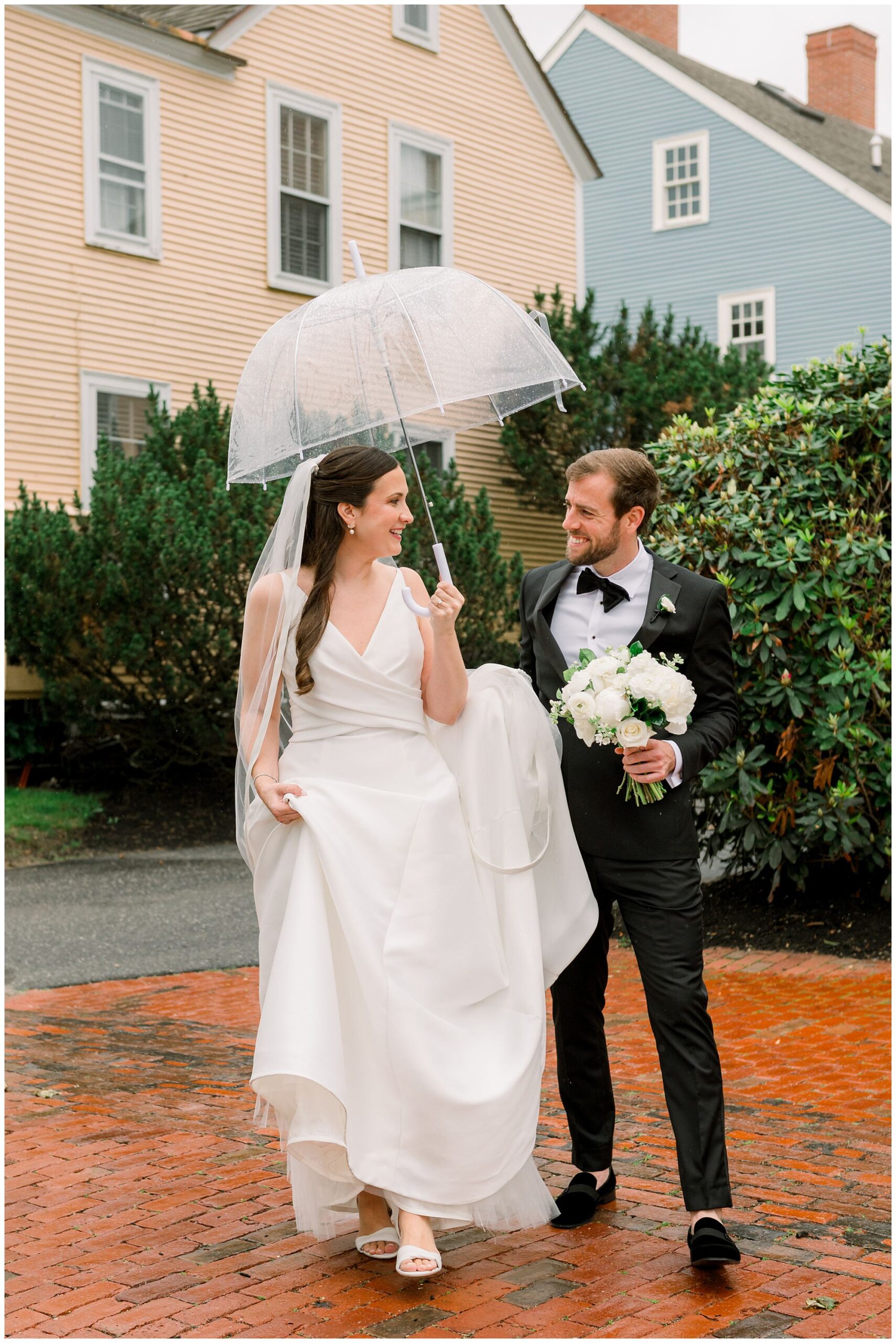 Rainy day wedding photos in downtown Portsmouth, NH