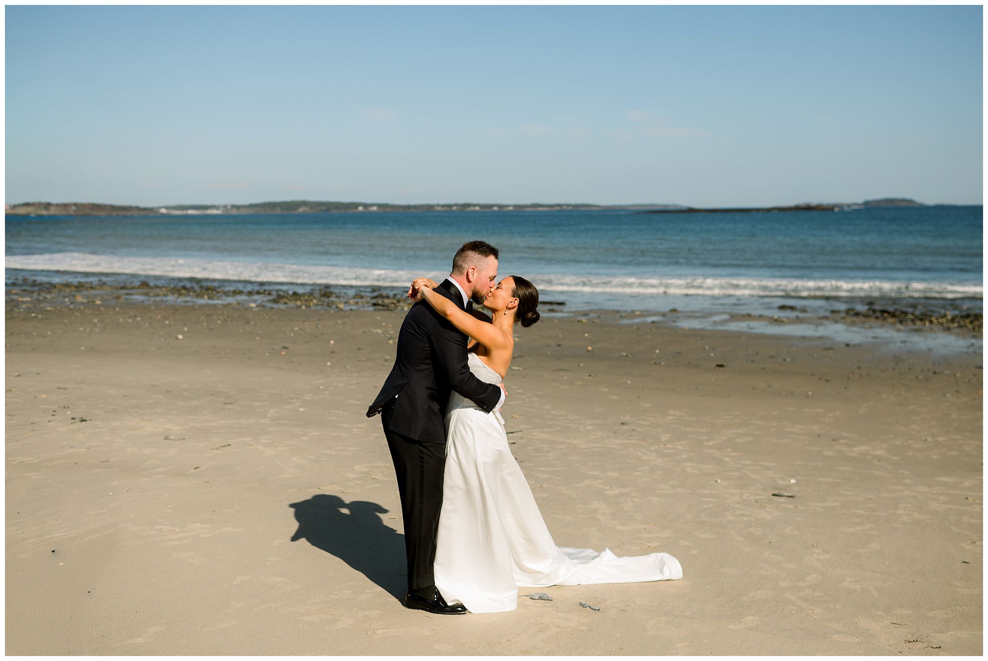 Bride and groom portraits on Beach at Black Point Inn in Scarborough, Maine